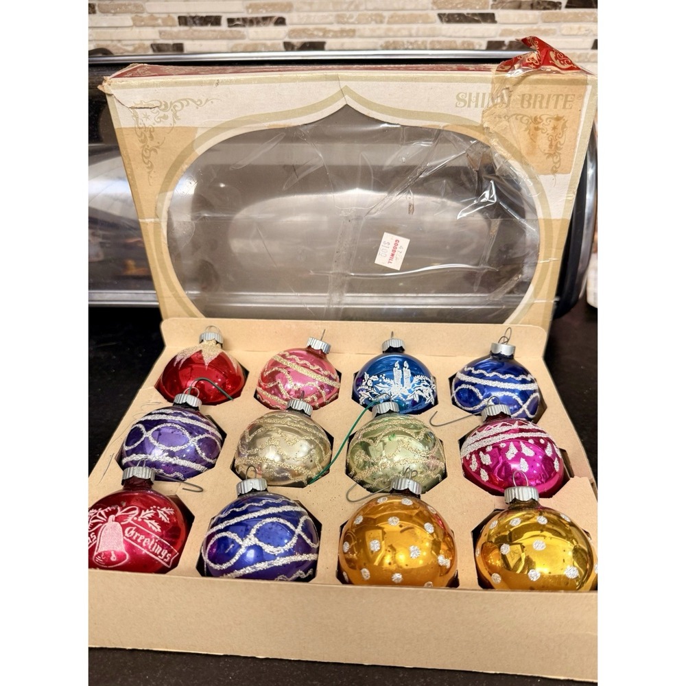 Vintage 1950's Shiny Brite Glass Ornaments Stenciled Mica In The Box